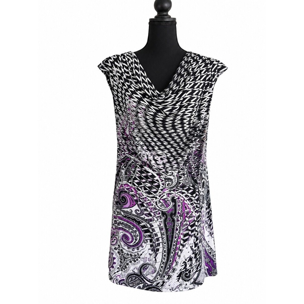 White House Black Market Mini Dress Size L Black White Purple Paisley Cowl Neck